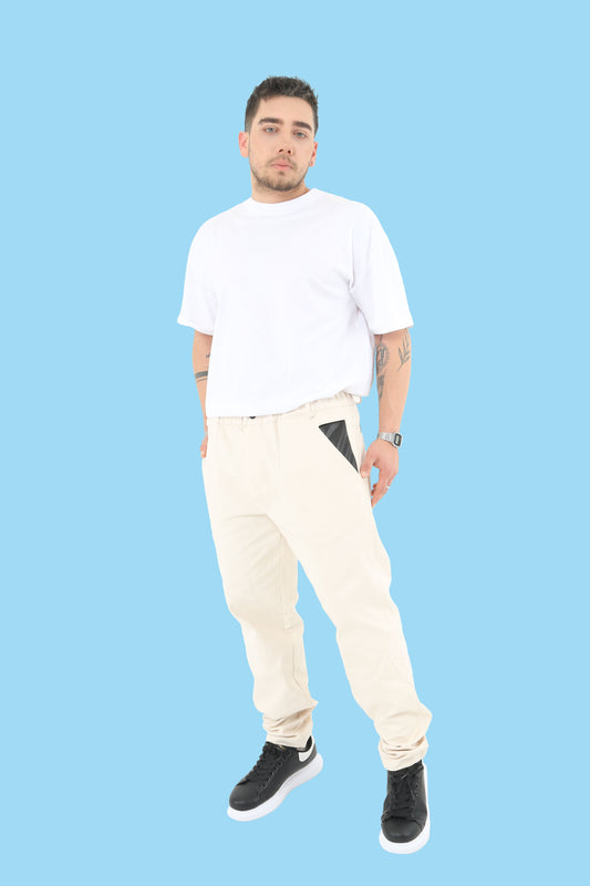 Elastic Waist Band Regular Fit Cream Men's Pant