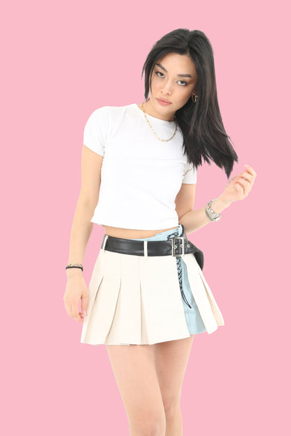Regular Waist Cream Blue Belted Skort