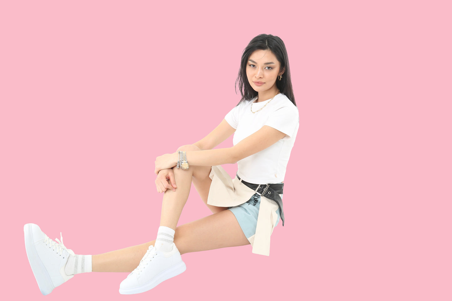 Regular Waist Cream Blue Belted Skort