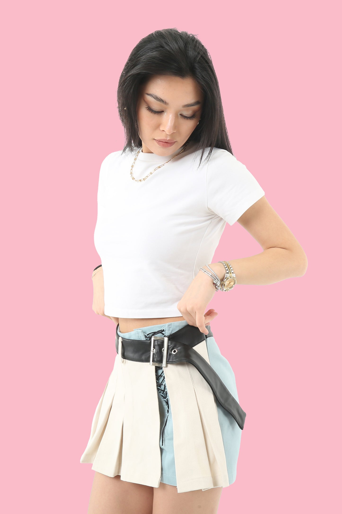 Regular Waist Cream Blue Belted Skort
